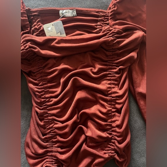 NWT Free People Meant to Be Bodysuit Cherry Chai Ruched Tie Rust Square Fall S - Picture 4 of 12